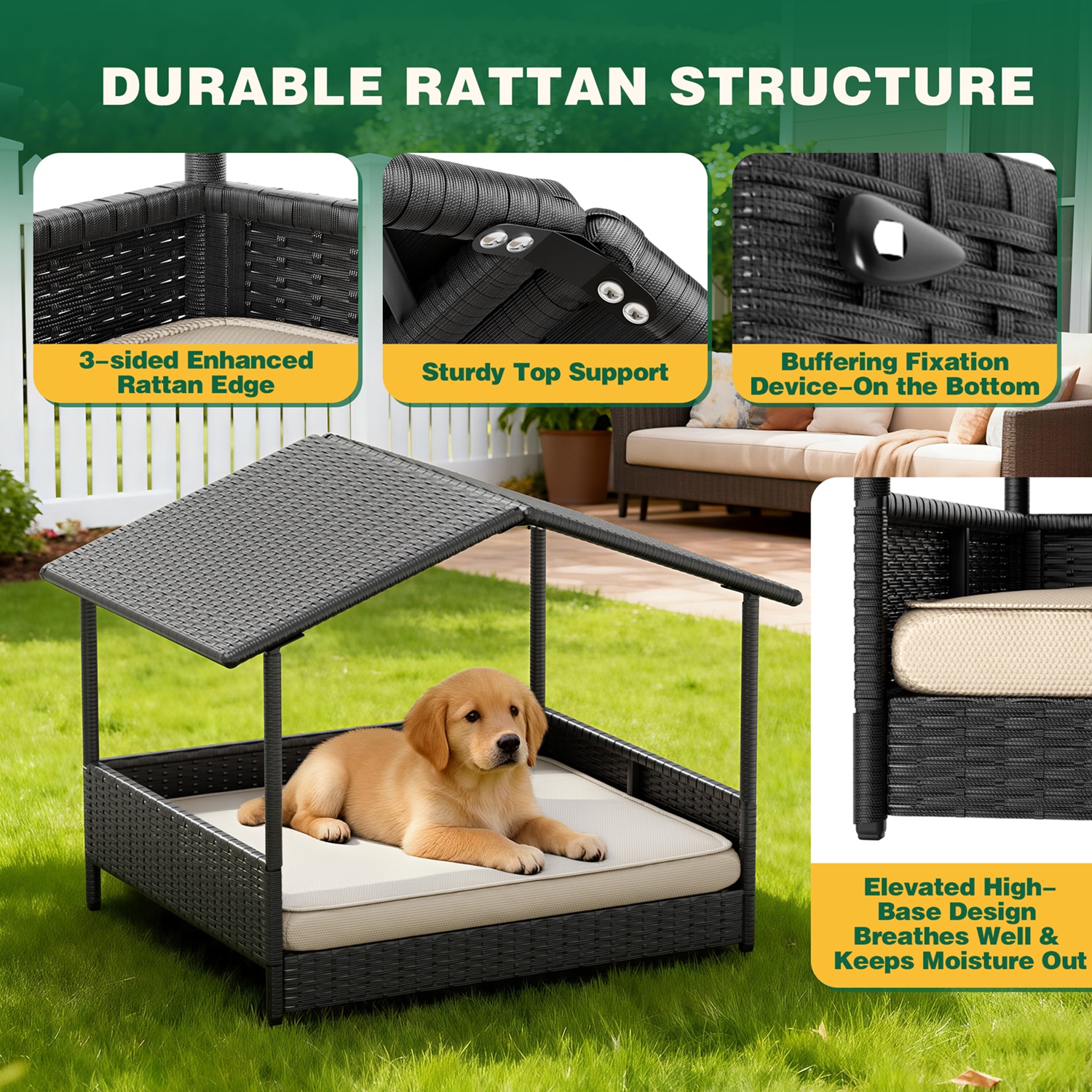 Homall Outdoor & Indoor Rattan Dog Shelter with Removable Cushion, Dog House, Dog Bed with Canopy for Small/Medium Dogs, Black