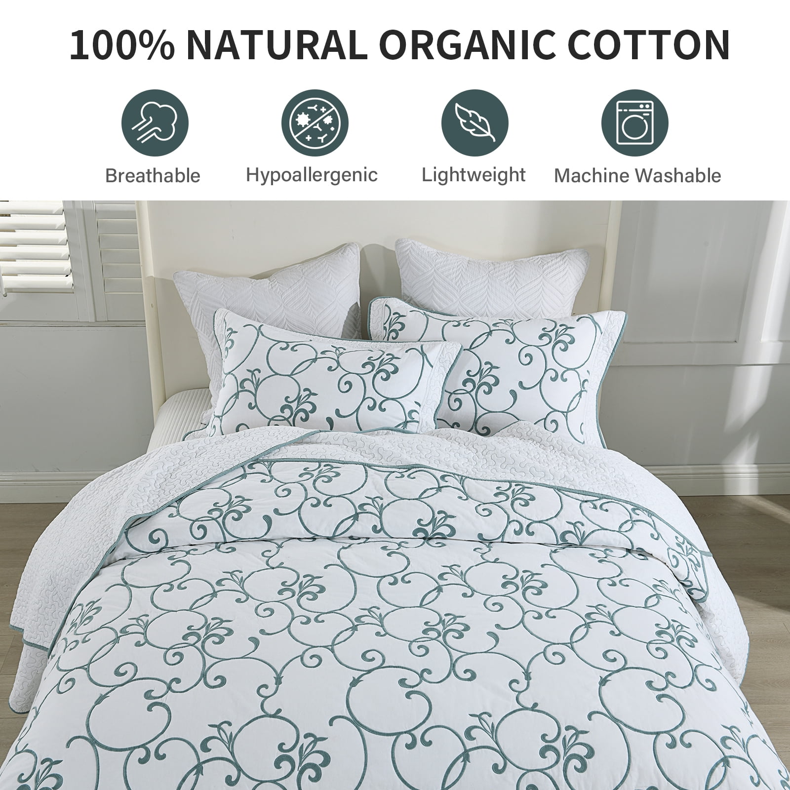 DDUOXIN 100% Cotton King Size Bedspread - Oversized Farmhouse Floral Embroidery Vine Comforter Set, Lightweight Extra Wide Summer Vintage Coverlet, 128 X 120 Blue and White Bedding Sets, 3 Piece