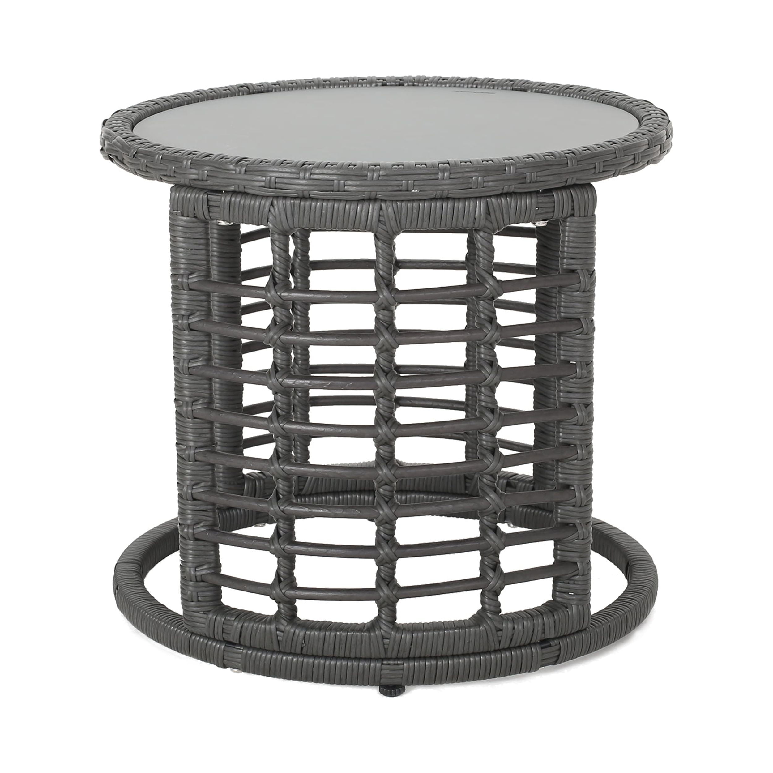 Harrisburg Outdoor Modern Boho Wicker Side Table with Tempered Glass Top, Gray