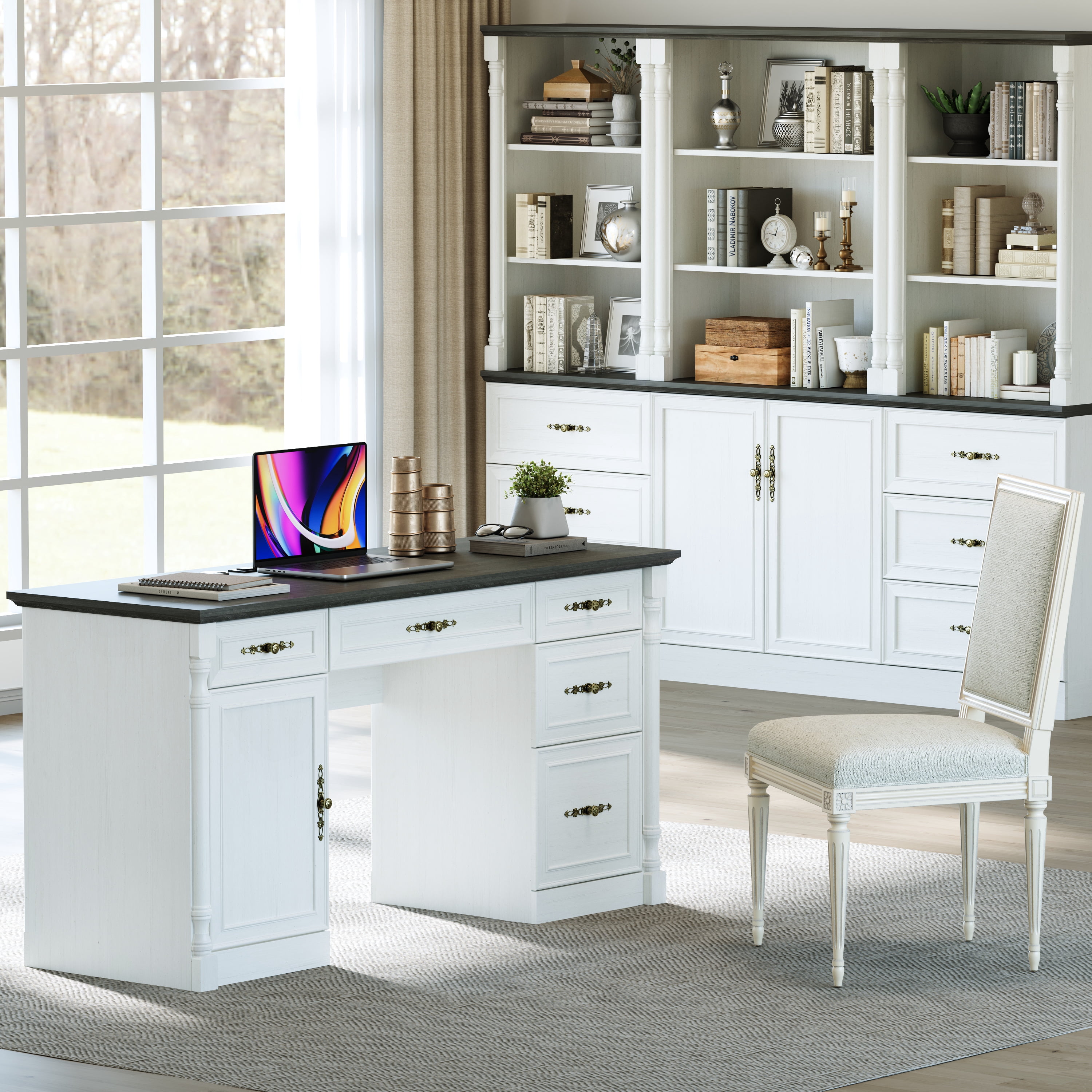 Farmhouse Executive Desk with Storage Drawers and File Cabinet, 60" Vintage Home Office Desk with Power Outlet and Roman Column, Wood Computer Desk with Keyboard Tray for Work and Study, Antique Whit