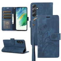 Allytech Wallet Flip Case for Samsung Galaxy S23 FE with Orchid Butterflies Embossed Pattern, Premium PU Leather Kickstand Magnetic Clasp Shockproof Case with Card Holder & Wrist Strap, Blue