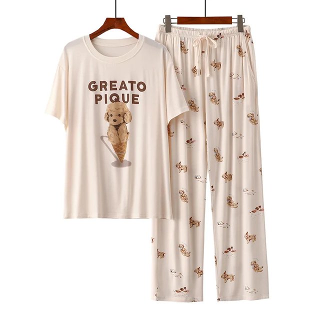 Lindo pijama de perro helado de verano para mujer, fino corto, manga corta, cuello redondo, ajuste holgado, traje para casa, ropa exterior