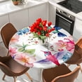 thumbnail image 2 of Round Table Cover 55-60 Inch Colorful Hummingbird Waterproof Reusable Table Cloth Round Fitted Vinyl Tablecloth with Elastic Edged for Parties Outdoors, Spring Pink Flowers Branch, 2 of 9