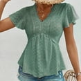 thumbnail image 4 of Fartey Womens Lace V Neck T Shirts Lightweight Breathable Eyelet Tunic Tops Loose Flowy Flounce Short Sleeve Summer Solid Color Casual Blouse Green S-XL, 4 of 9