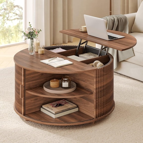 34.6" Round Lift Top Coffee Table, Coffee Table with Hidden Storage and Open Shelves, Modern Accent Fluted Coffee Table with 180° Curved Sliding Door, for Living Room, Office, Walnut