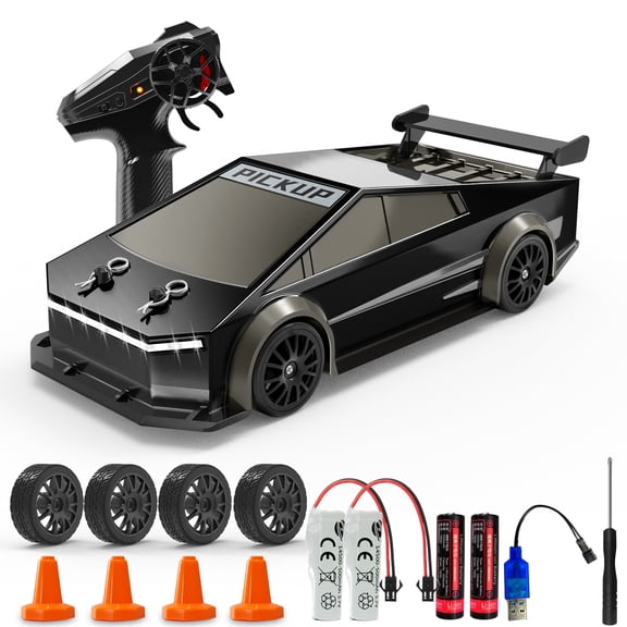 YSZZYSM Remote Control Car, 1:24 4WD Futuristic Pickup RC Car with High/Low Speed, 2 Sets of Drift & Off-Road Tires, 2 Batteries, 2.4GHz LED Toy Car for Boys Girls Ages 6-16