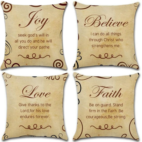 Joy, Believe, Love, Faith Quotes Pattern, Cotton Linen Fabric Decorative Indoor Outdoor Throw Pillow Cover Set 18x18