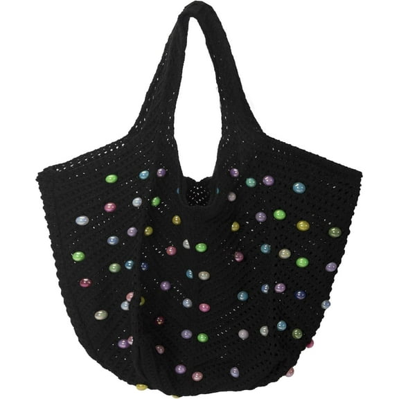 Boho Crochet Beach Tote Bag for Women, Summer Knit Hobo Bag Shoulder Bag with Colored Beads, Casual Organizer Handbag