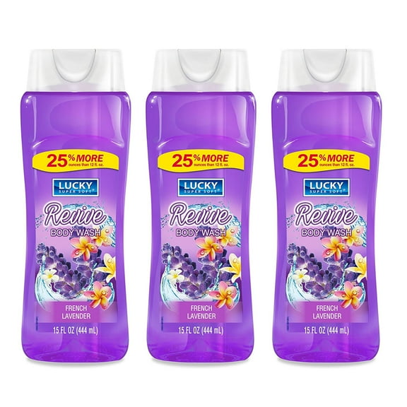 Lucky Super Soft Revive Body Wash. Soothing and Moisturizing. French Lavender Fragrance. 15 fl.oz / 444 ml. Pack of 3