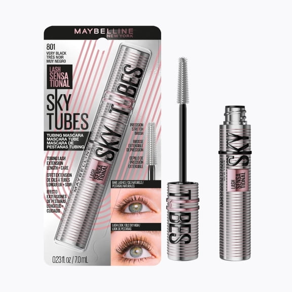 Maybelline Lash Sensational Sky Tubes Tubing Mascara Extension-Like Length Conditioning with Shea Butter Castor Oil , Very Black, 0.23 fl oz
