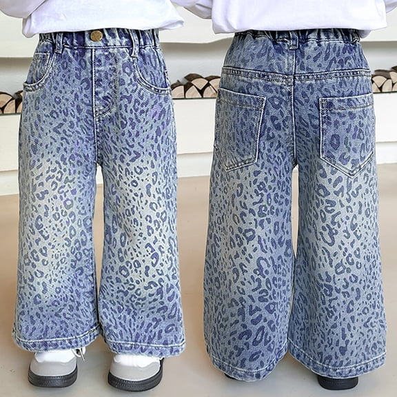 Trendfront Girls Wide Leg Jeans Fashion Leopard Pattern Printed Denim Pants Vintage Washed Distressed Multi Pockets Kids Casual Long Trousers