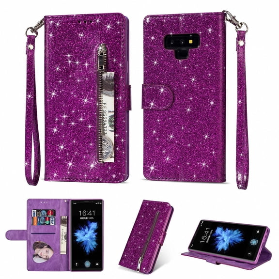 Allytech Galaxy Note 9 Case 2018 Released, Premium PU Leather Glitter Zipper Shockproof Cards Slots Wallet Cover with Hand Strap Drop Protective Stand Case for Samsung Galaxy Note 9, Purple