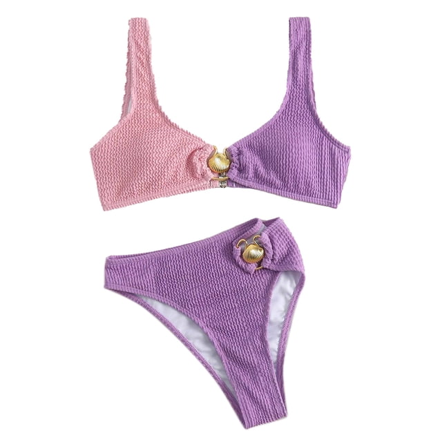 Trajes de baño de dos piezas para mujer Bloques de color Cómodo traje de baño de moda de cintura media para verano Púrpura Rosa S