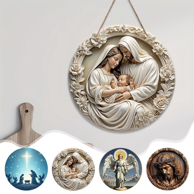 Nacimiento de Madera Redondo para Colgar En La Pared | Decoración Religiosa para Bautizos En Casa | Talla de Madera Blanca de 20 X 20 Cm | Decoración Espiritual Artesanal