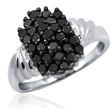 - 1.00 CTW Round cut Black Diamond Rectangle Shape Sterling Silver Ring