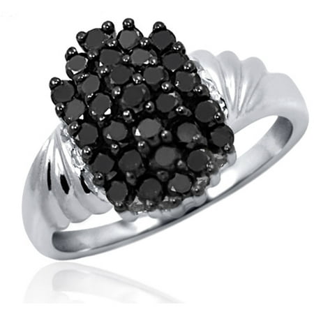 JewelersClub 1.00 CTW Round cut Black Diamond Rectangle Shape Sterling Silver Ring