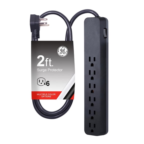 GE Pro 6 Outlet Surge Protector, 2 ft Long Extension Cord, Power Strip, Flat Plug, Wall Mount, Black