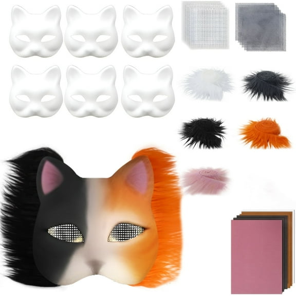 T-HOTLYST Cats Foxes Mask with Furs Eye Meshes Gem Sticker,Therians Dress Up Mask to Paint,Animal Mask Arts Craft Kit,Costume Mask