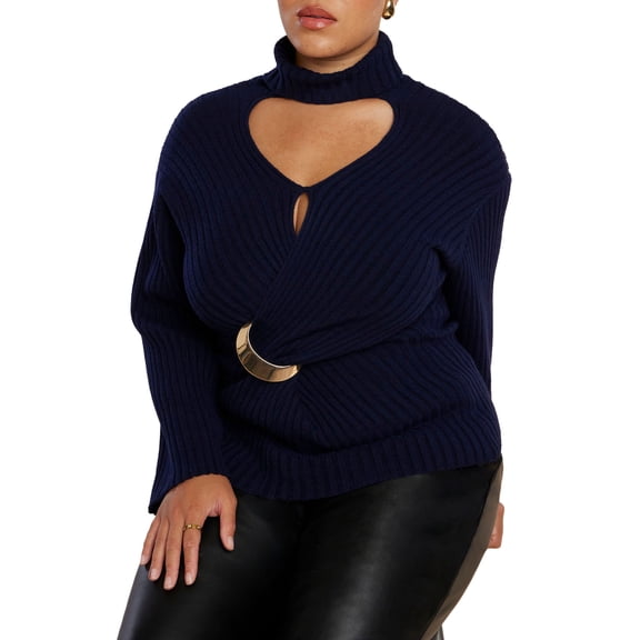 ELOQUII Women's Plus Size Turtleneck Belted Sweater