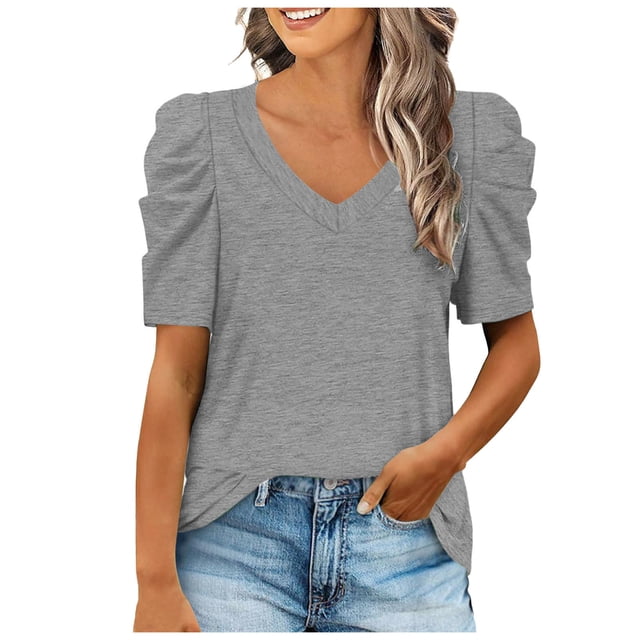 Top de manga corta con cuello en V para mujer - Color liso, corte holgado, poliéster - Camisa informal y elegante para el día a día y actividades al aire libre, fácil de combinar con leggings