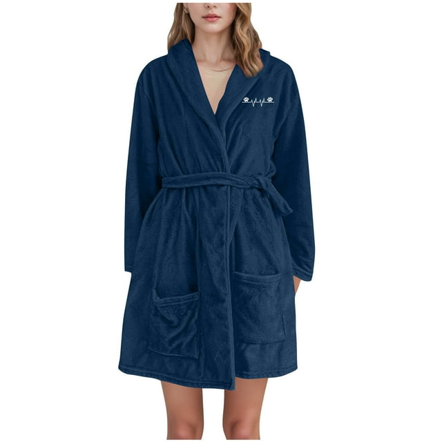 Womens Terry Cloth Robes Long Sleeve Plush Flannel Bathrobe Fuzzy Fleece Soft Hooded Spa Robe with Belt Navy, M