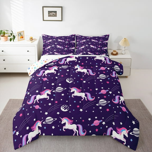 Manfei Cute Cartoon Unicron Bedding Comforter Set,Planet Stars Print Twin Comforter Sets,Purple White Pink Bedding Set For Girls,Luxury Bedroom Decor Reversible,2 Pieces