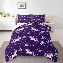 Manfei Cute Cartoon Unicron Bedding Comforter Set,Planet Stars Print Twin Comforter Sets,Purple White Pink Bedding Set For Girls,Luxury Bedroom Decor Reversible,2 Pieces