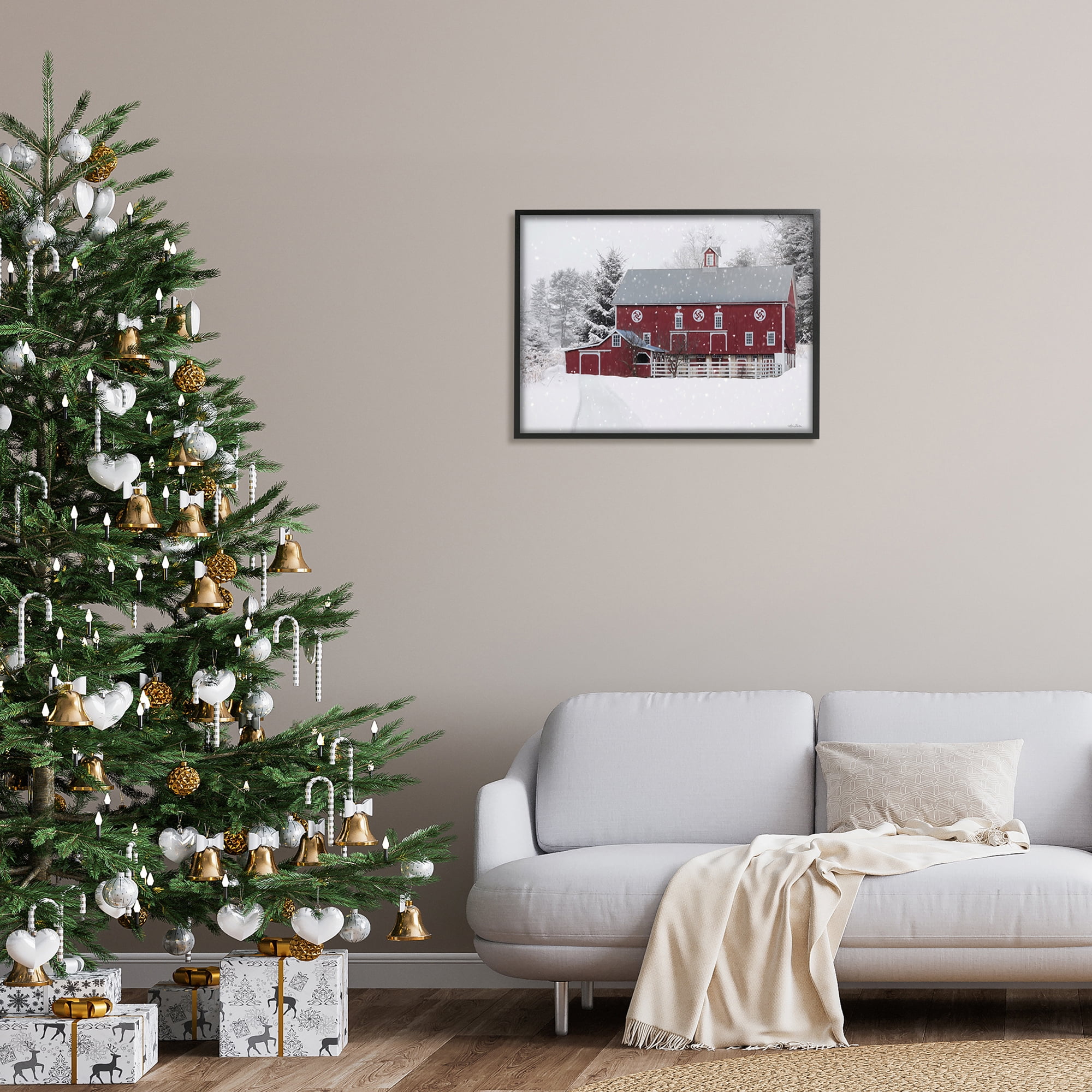 Snow Covered Farmland Red Barn Snowflakes Falling Landscape Painting Framed Art Print Wall Art