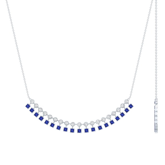 Rosec Jewels Lab Grown Blue Sapphire Curved Bar Necklace - (AAAA Grade) Blue Sapphire and Moissanite Necklace - with Jewelry Box, 925 Sterling Silver