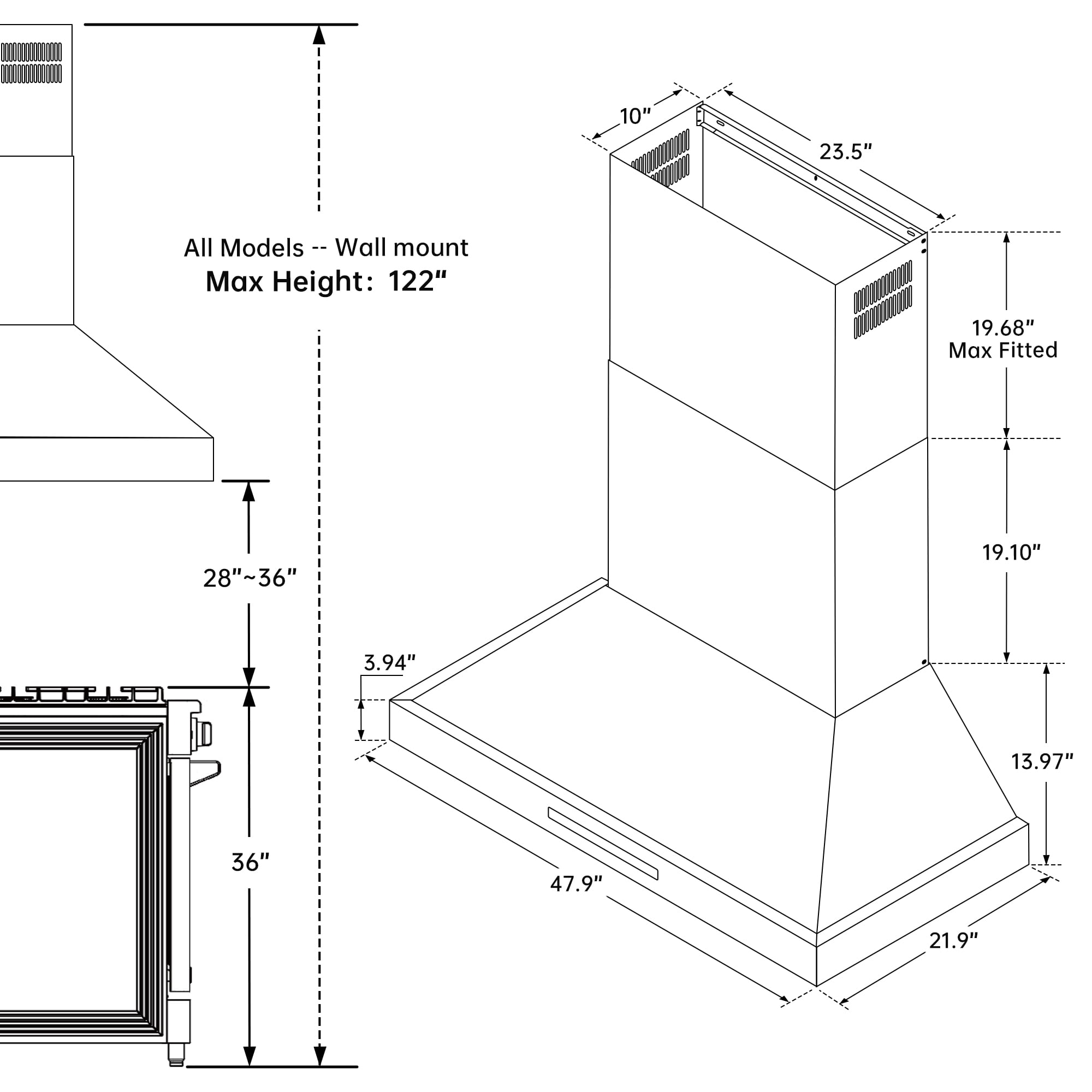 KOSTCH 48 inch Convertible Ducted Wall-Mount Range Hood, 1200 CFM Kitchen Vent Hood with 3 Speed Exhaust Fan & LED Light, Kitchen Range Hood with Touchscreen Control Panel & Remote Control