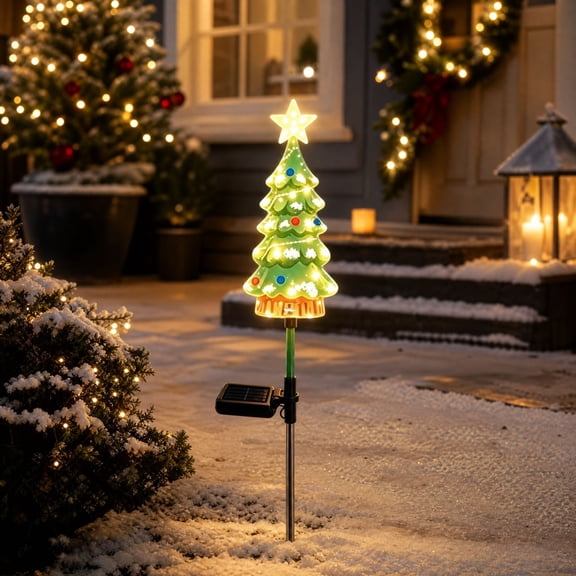 WWC Christmas Stake Light, Solar LED Warm Glowing Xmas Tree Garden Lights, Outdoor Pathway Lights Christmas Decor for Holiday Party Yard Patio Walkway