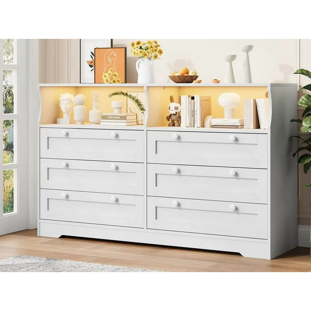 QinaQin Cómoda de madera de 55 pulgadas con 6 cajones, luces LED y contacto, mueble multifuncional que también funciona como base para TV