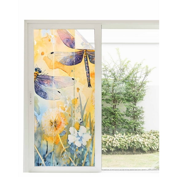 Window Privacy Film Yellow Dragonfly Spring Floral Stained Glass Window Film Decorative Sun Block Window Cover Summer Botanical Window Clings Static Adhesive Sticker for Bathroom 35.4"x78.7"