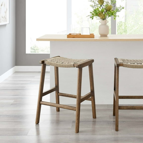 Modway Saoirse Woven Rope Wood Counter Stool - Set of 2 in Walnut Natural