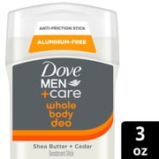 Dove Men+Care Whole Body Deodorant For 72h Odor Protection from Pits, Privates, to Feet Shea Butter & Cedar, 3 oz