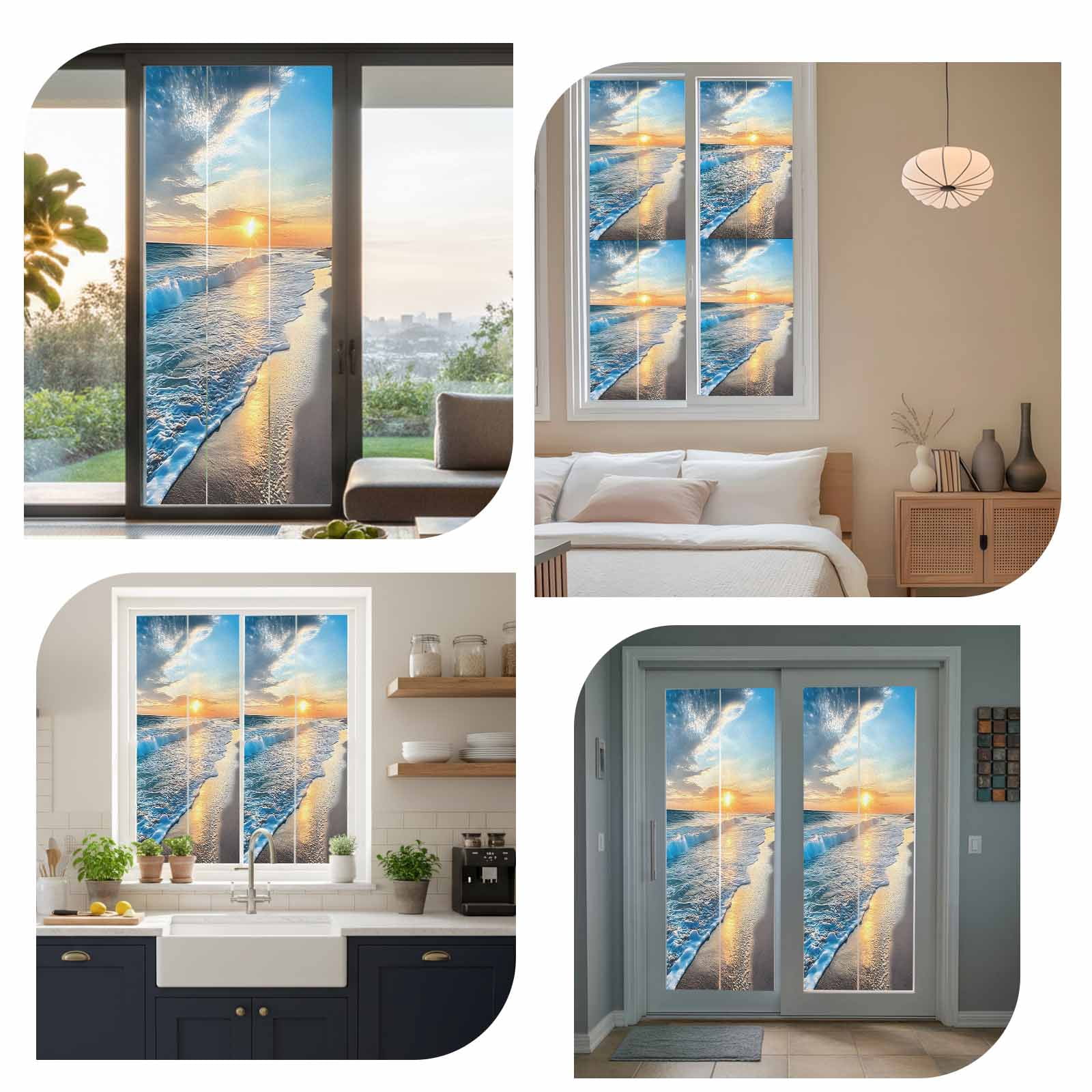 Sunset Beach Privacy Window Film, Decorative Frosted Glass Window Film, Spray Ocean Waves Sky Nature Scenery Reusable Peel and Stick Static Cling for Home Bathroom Office Glass Door 23.6"x59"