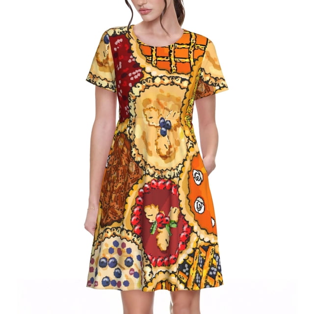 Bixox Robe d'Été à Manches Courtes pour Femmes Robe Ample Longueur Genou avec Poches-Piques