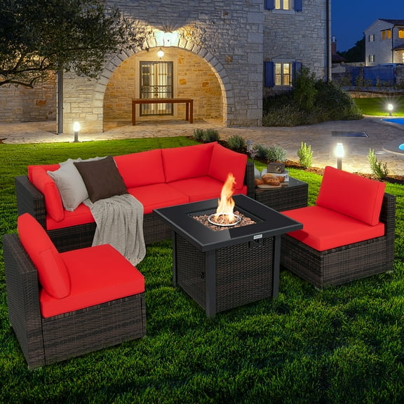 Costway 7PCS Patio Rattan Furniture Set Fire Pit Table Cover Glass Top Cushion Red