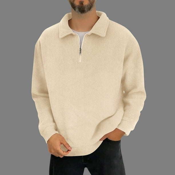 pstuiky camisa de manga larga para hombre, Blusas casuales de color liso con cuello plegable y cremallera para hombre, de manga larga Tops de hombre l