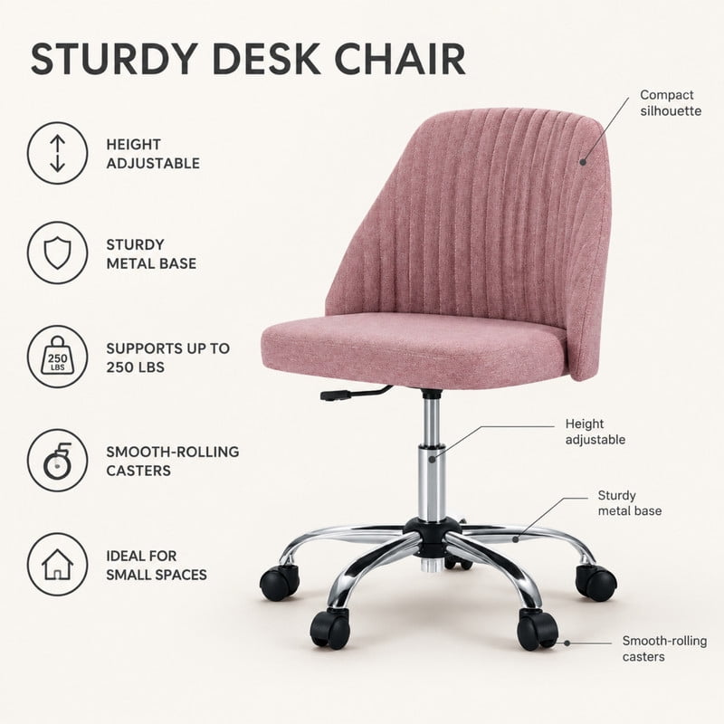BEAUTYPEAK Armless Vanity Chair Adjustable Swivel Fabric Desk Chair with Padded Seat Wheels Mid-Back Office Chair, Pink