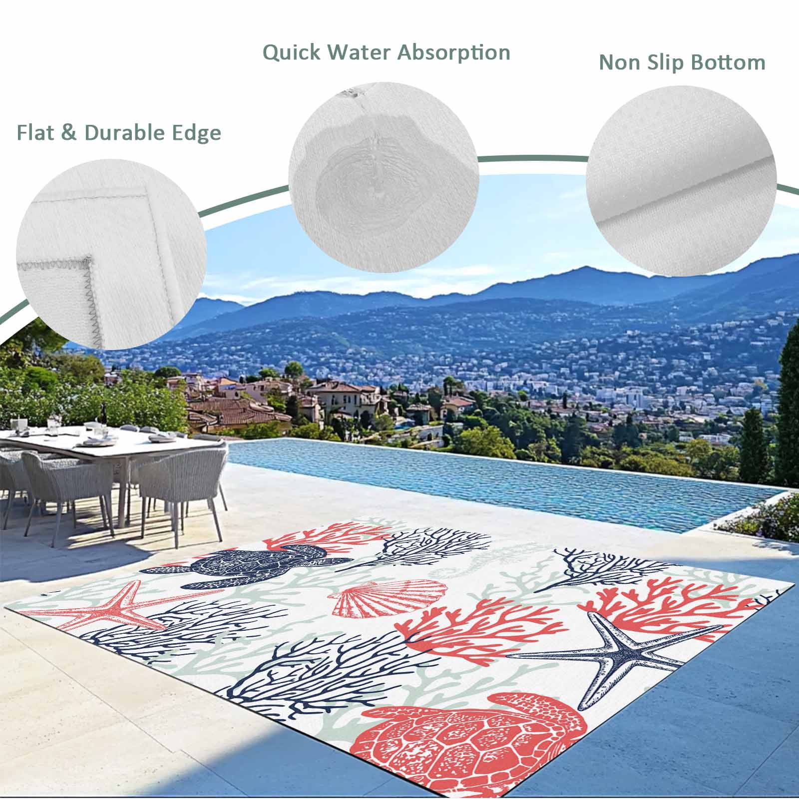 Fsddascl Blue Red Coastal Outdoor Rug for Patio/Deck, Non-Slip Large Area Rug 4 x 6 Ft, Sea Turtle Nautical Coral Summer Beach Indoor Outdoor Rugs Washable Area Rugs, Reversible Camping Rug Carpet