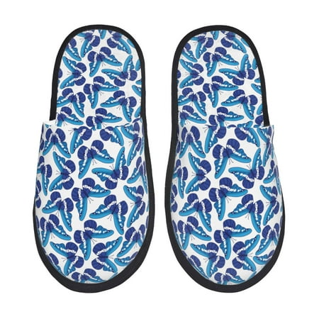 Balery Blue Butterflies Slient Indoor Furry Fleece Comfort House Shoes Soft Non-Slip Home Shoes Cotton slippers House Slippers-- Large