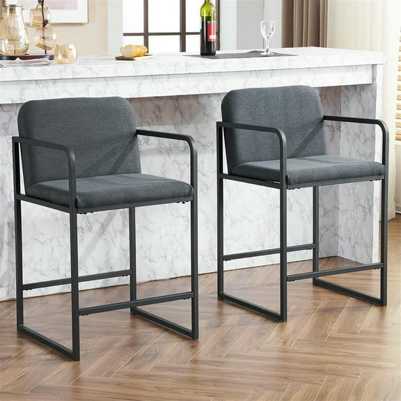 Demi Bonn 35" Counter Height Bar Stools Set of 2, Upholstered Barstools with Back, Armrests, Kitchen Island Countertop Chairs for Dining Room, Gray