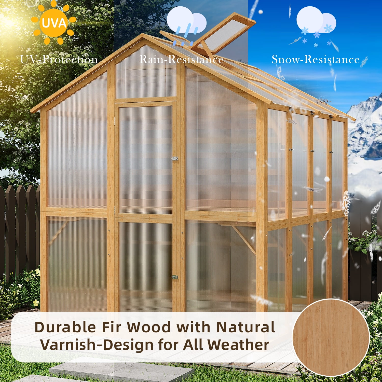 AECOJOY 6x7 FT Wooden Greenhouse For Outdoors,Walk-in Garden Greenhouse with Plant Stand with Polycarbonate Panels for Backyard or Patio