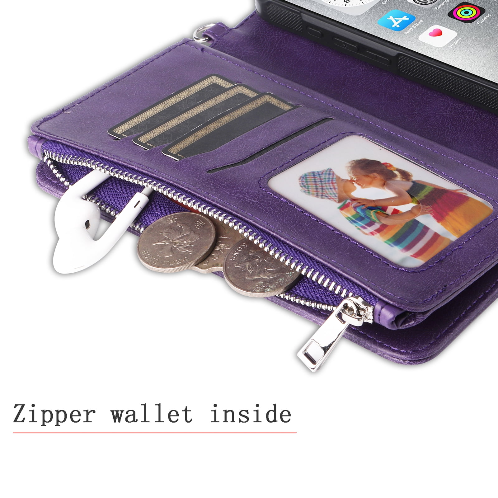 Dteck for iPhone 16 Wallet Case, 2 In 1 Detachable Protective Phone Case Women Men Kickstand flip Cover Wrist Strap Zipper Credit Card Holder Slots for iPhone 16,Purple