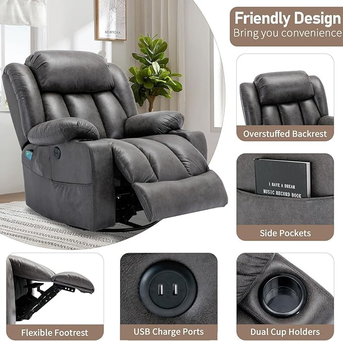 EPICOZY  360° Swivel Rocker Recliner Chair with Heat and Massage, Manual Glider Rocking Reclining Chair, Swivel Overstuffed Lounge Reclining Chair with 2 Cup Holders, Side Pockets & USB Ports, Grey