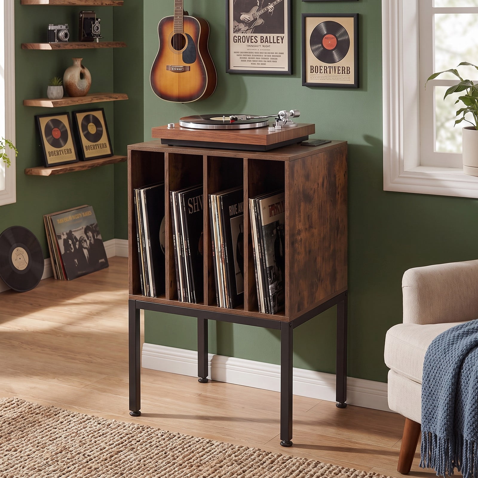 Furnibear Turntable Record Player Stand with Power Outlets, USB Type-C Charging Ports, Vinyl Record Storage Media Console TV Stand for Living Room, Rustic Brown