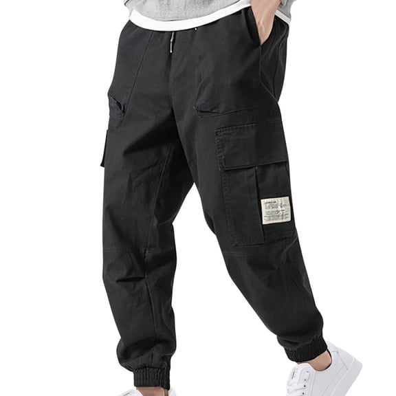 Men's Casual Pants Fashion Drawstring Elastic Waist Multi-Pocket Casual Sweat Length Pants Sweatpants for Men Black 2XL