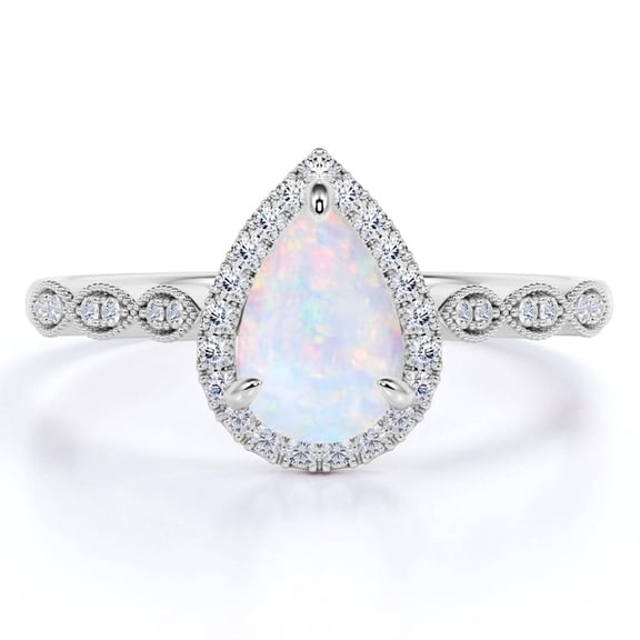 JeenMata 1.25 Carat Antique Pear Cut Blue Opal and Moissanite Solitaire Wedding Ring in 18K White Gold over Silver