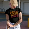 thumbnail image 2 of Faith Hope Love, Christian or Scripture Themed, Groovy Retro Wavy Text Merch Gift, Black T-Shirt, XL, 2 of 5